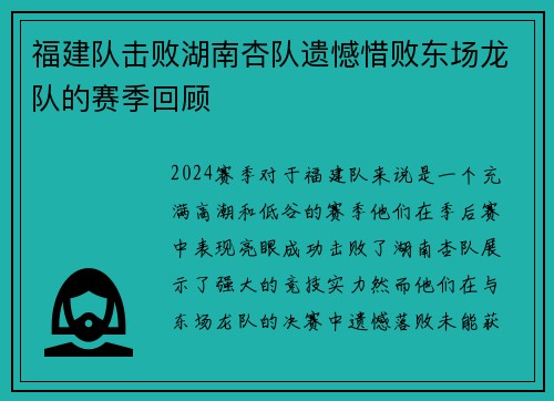 福建队击败湖南杏队遗憾惜败东场龙队的赛季回顾