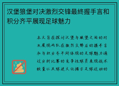 汉堡狼堡对决激烈交锋最終握手言和积分齐平展现足球魅力