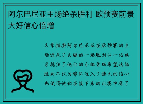 阿尔巴尼亚主场绝杀胜利 欧预赛前景大好信心倍增