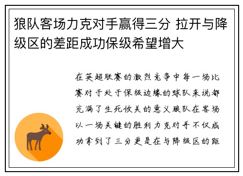 狼队客场力克对手赢得三分 拉开与降级区的差距成功保级希望增大