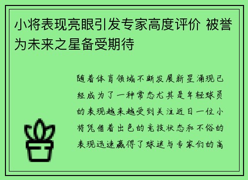 小将表现亮眼引发专家高度评价 被誉为未来之星备受期待