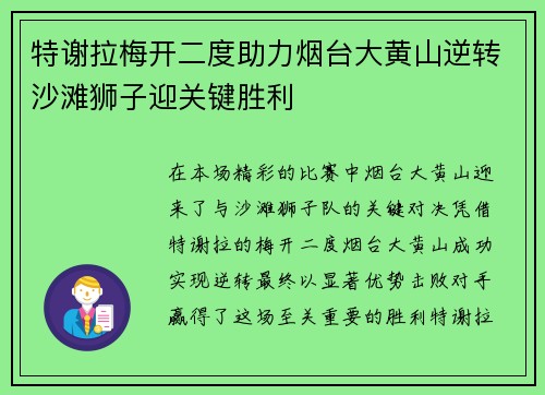 特谢拉梅开二度助力烟台大黄山逆转沙滩狮子迎关键胜利