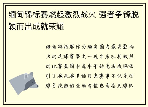 缅甸锦标赛燃起激烈战火 强者争锋脱颖而出成就荣耀