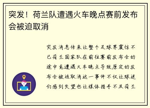 突发！荷兰队遭遇火车晚点赛前发布会被迫取消