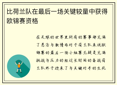 比荷兰队在最后一场关键较量中获得欧锦赛资格