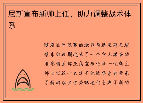 尼斯宣布新帅上任，助力调整战术体系