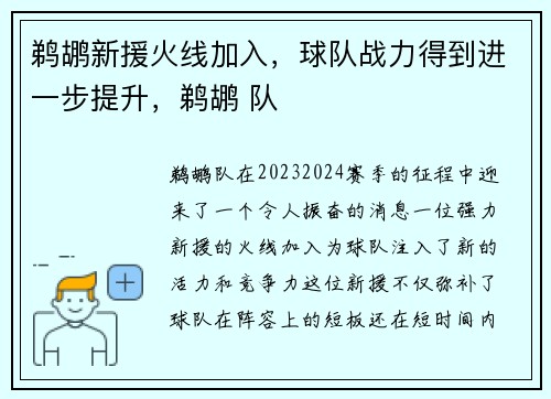 鹈鹕新援火线加入，球队战力得到进一步提升，鹈鹕 队