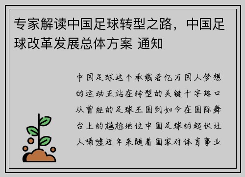 专家解读中国足球转型之路，中国足球改革发展总体方案 通知