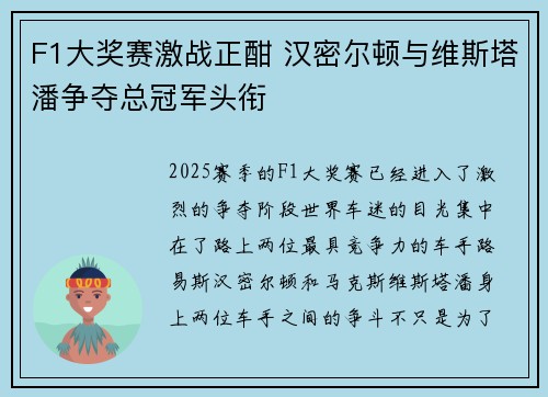 F1大奖赛激战正酣 汉密尔顿与维斯塔潘争夺总冠军头衔