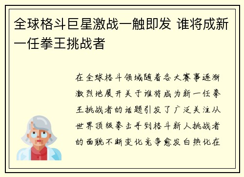 全球格斗巨星激战一触即发 谁将成新一任拳王挑战者