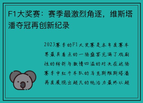 F1大奖赛：赛季最激烈角逐，维斯塔潘夺冠再创新纪录