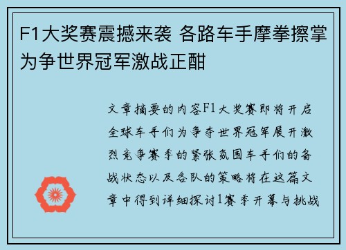 F1大奖赛震撼来袭 各路车手摩拳擦掌为争世界冠军激战正酣