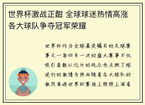 世界杯激战正酣 全球球迷热情高涨 各大球队争夺冠军荣耀